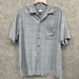 Porcini Silk Blue Plaid Short Sleeve Button Down Casual Camp Collar Shirt Sz‎ M
